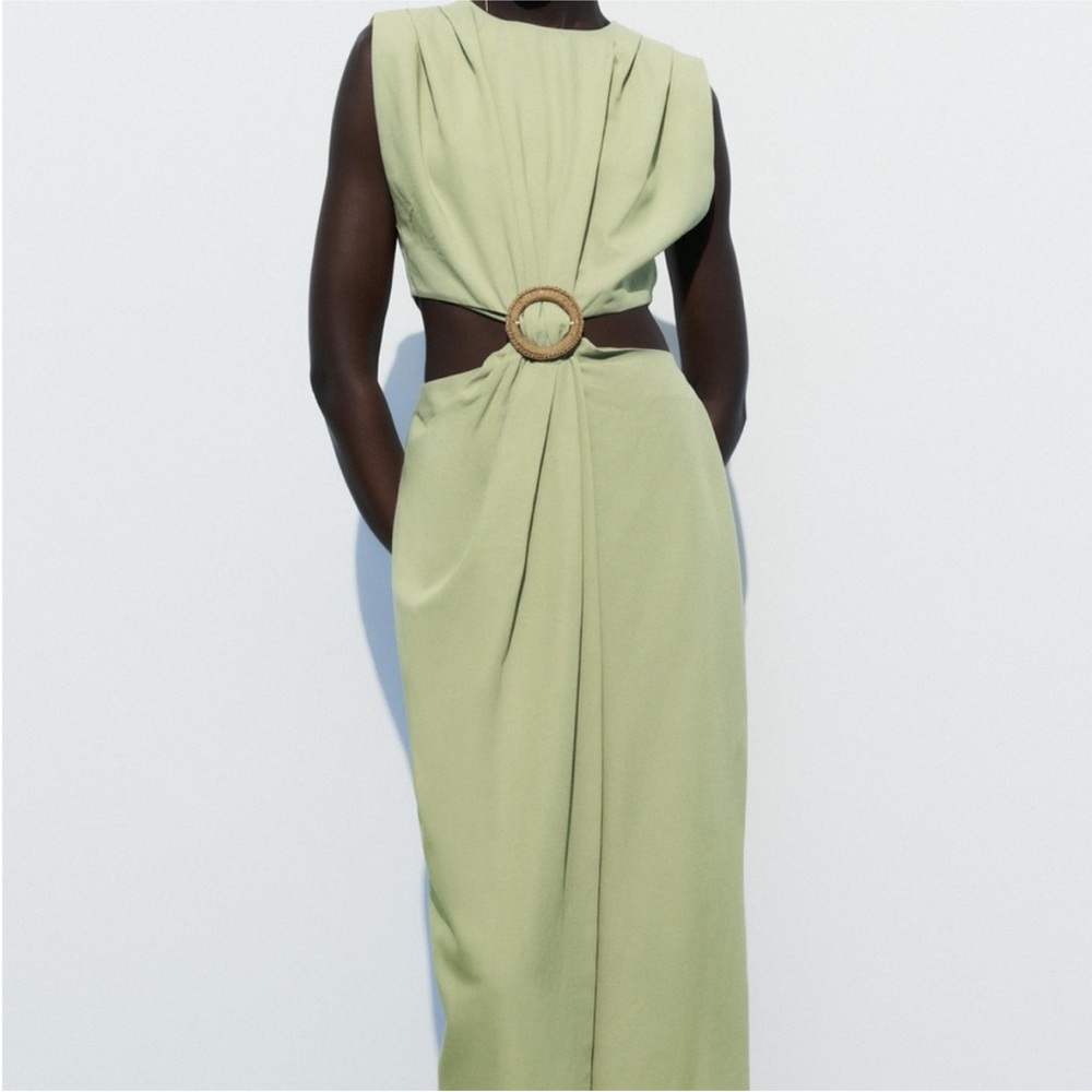 XS ZARA SAGE GREEN CUT OUT DRESS WITH THIGH HIGH SLIT AND RAFFIA BUCKLE-Worn 1x